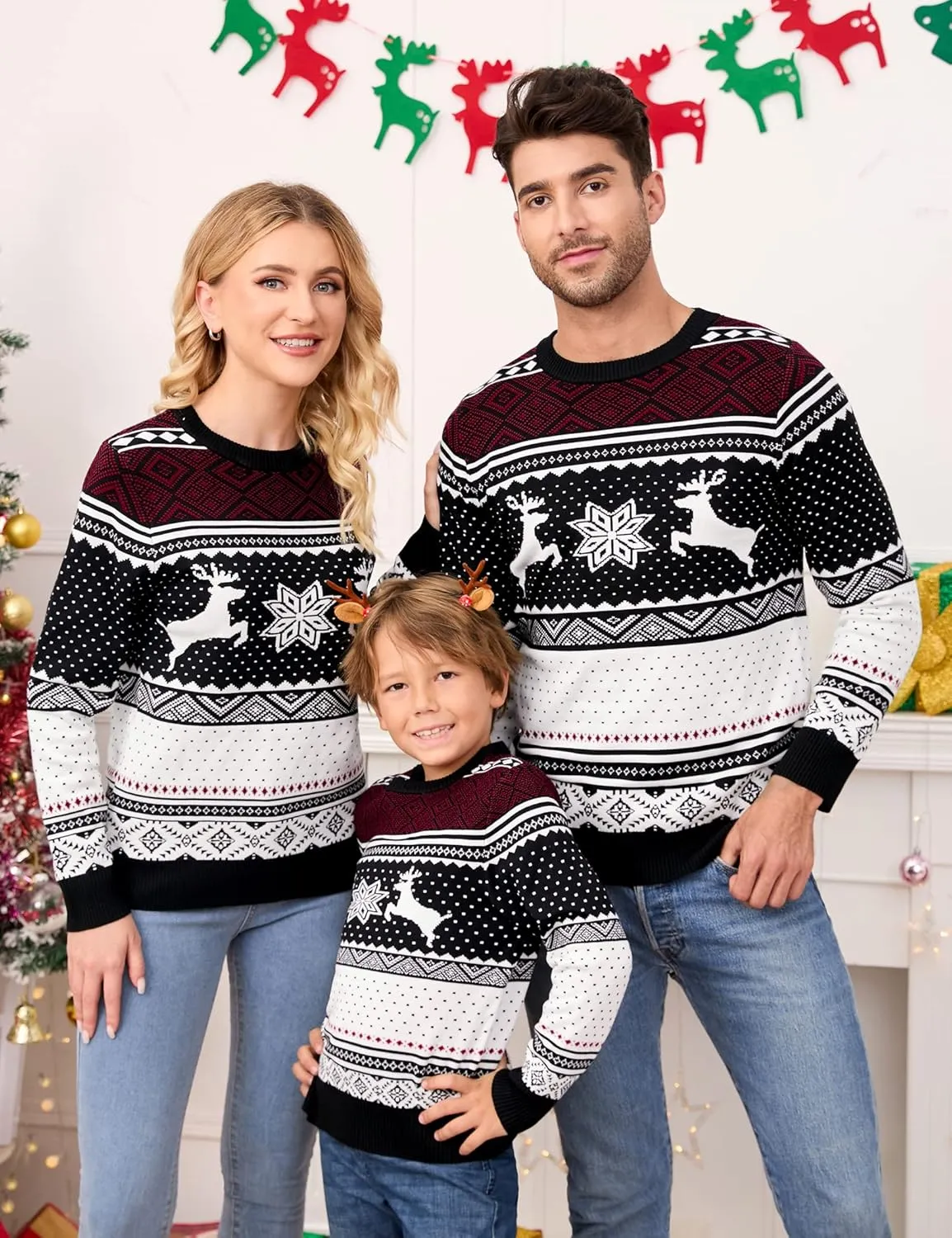 MISSKY Family Christmas Sweater Crew Neck Reindeer Snowflakes Knitted Pullover for Women/Men/Kids