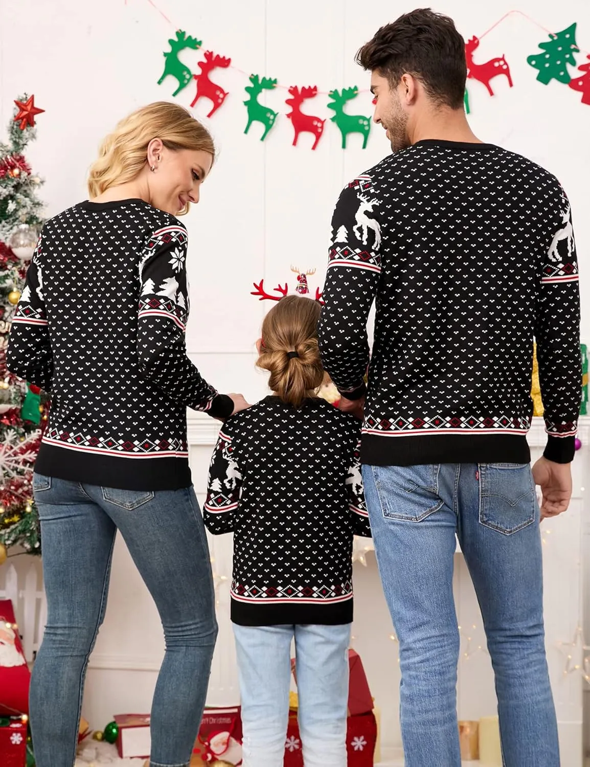 MISSKY Family Christmas Sweater Crew Neck Reindeer Snowflakes Knitted Pullover for Women/Men/Kids