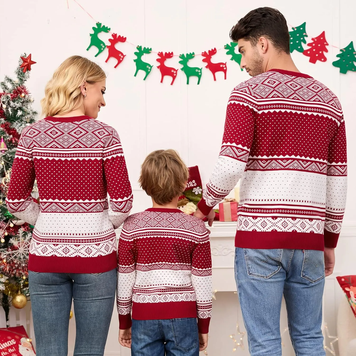 MISSKY Family Christmas Sweater Crew Neck Reindeer Snowflakes Knitted Pullover for Women/Men/Kids