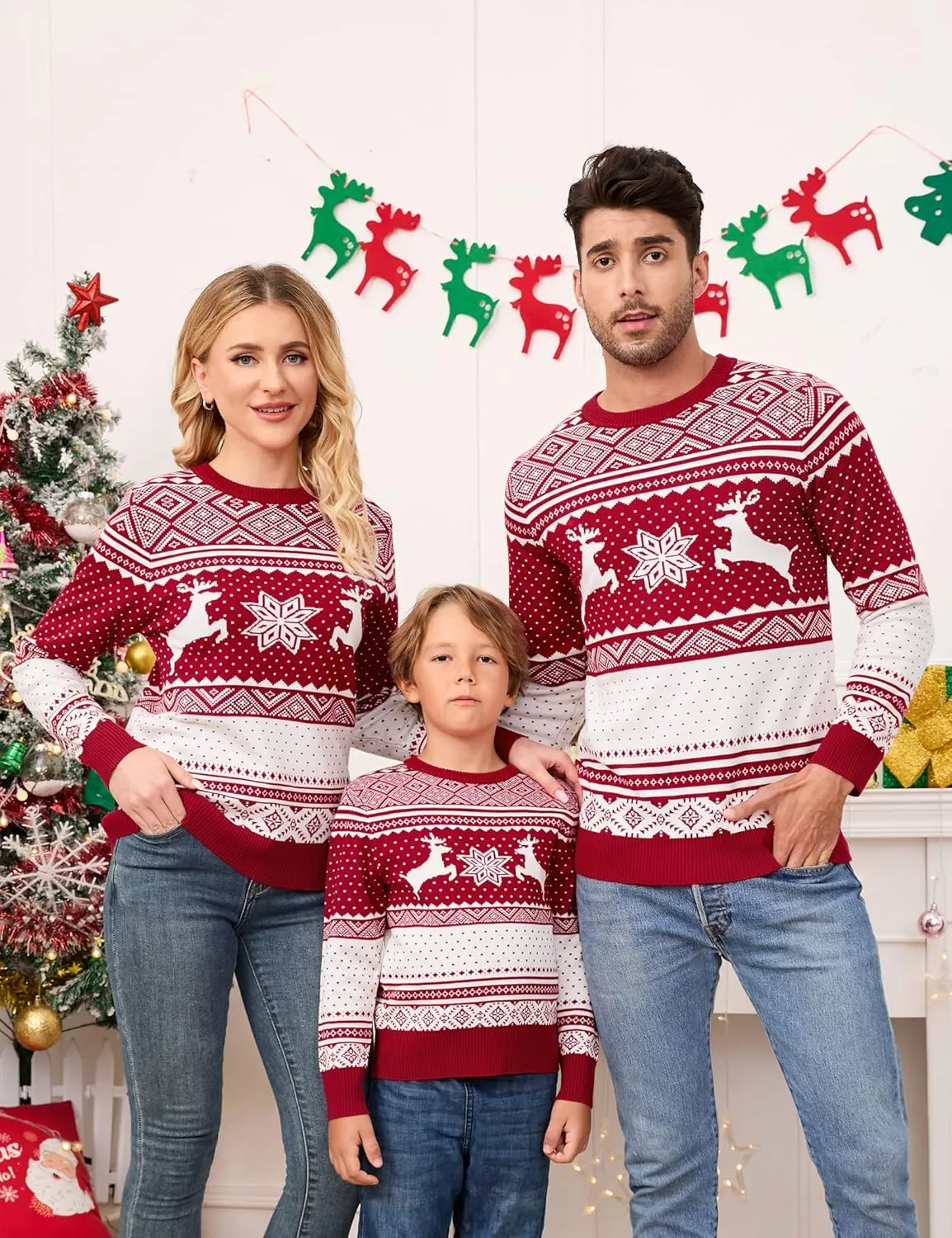 MISSKY Family Christmas Sweater Crew Neck Reindeer Snowflakes Knitted Pullover for Women/Men/Kids