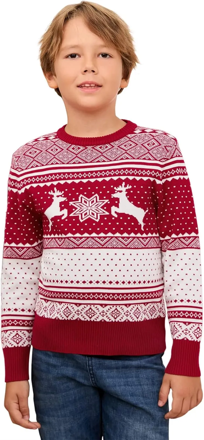 MISSKY Family Christmas Sweater Crew Neck Reindeer Snowflakes Knitted Pullover for Women/Men/Kids
