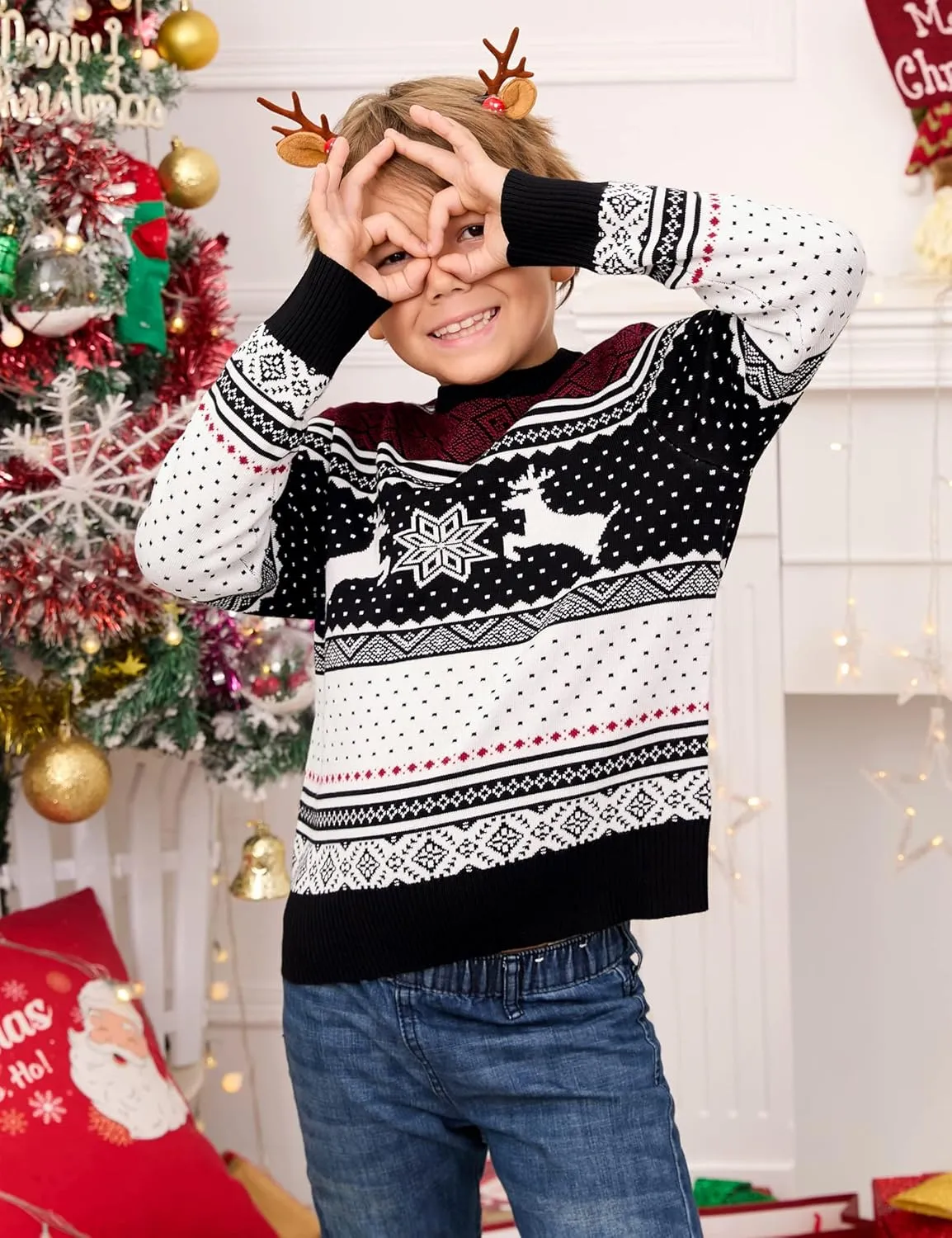 MISSKY Family Christmas Sweater Crew Neck Reindeer Snowflakes Knitted Pullover for Women/Men/Kids