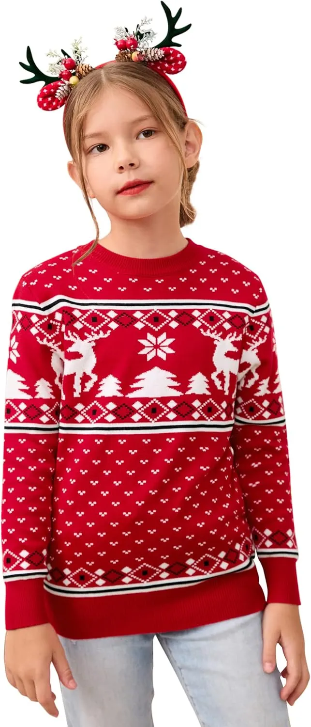 MISSKY Family Christmas Sweater Crew Neck Reindeer Snowflakes Knitted Pullover for Women/Men/Kids