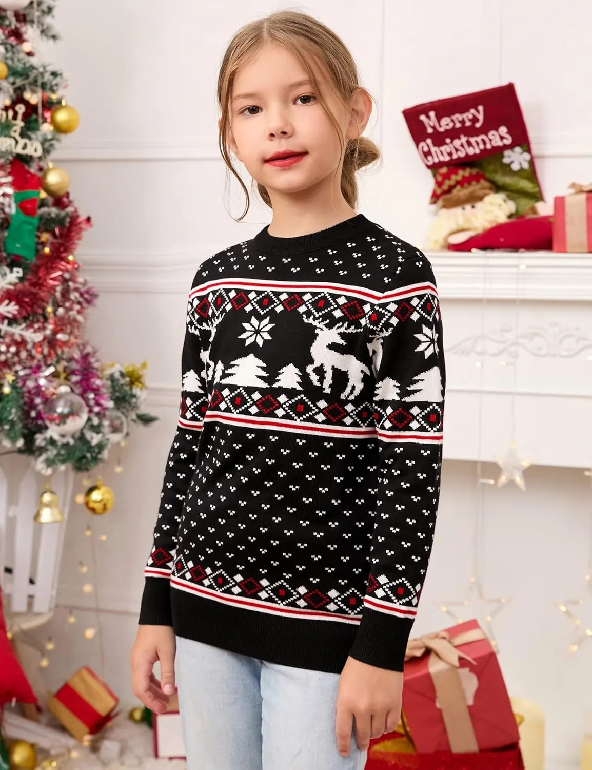 MISSKY Family Christmas Sweater Crew Neck Reindeer Snowflakes Knitted Pullover for Women/Men/Kids