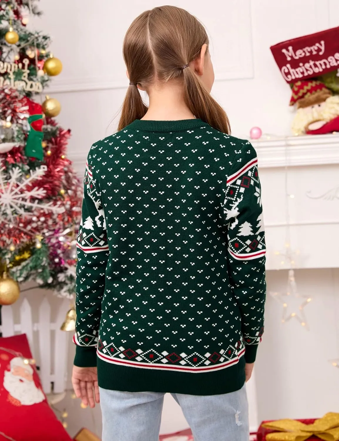 MISSKY Family Christmas Sweater Crew Neck Reindeer Snowflakes Knitted Pullover for Women/Men/Kids