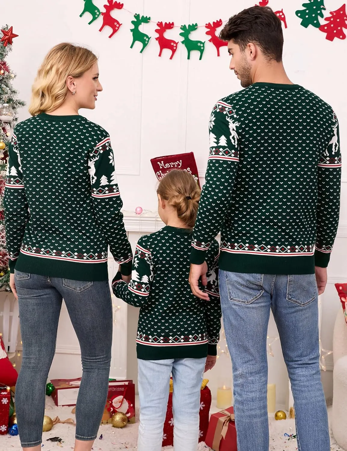 MISSKY Family Christmas Sweater Crew Neck Reindeer Snowflakes Knitted Pullover for Women/Men/Kids
