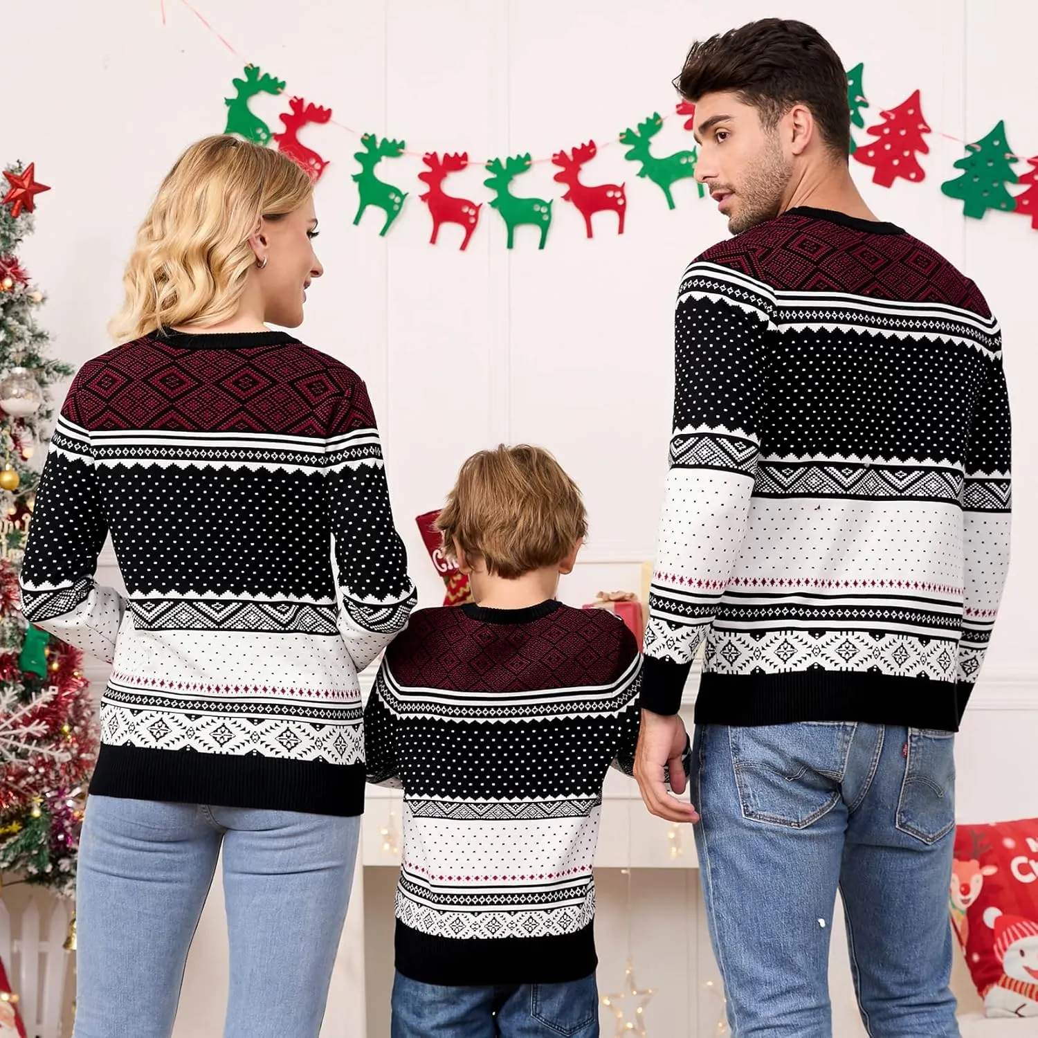 MISSKY Family Christmas Sweater Crew Neck Reindeer Snowflakes Knitted Pullover for Women/Men/Kids