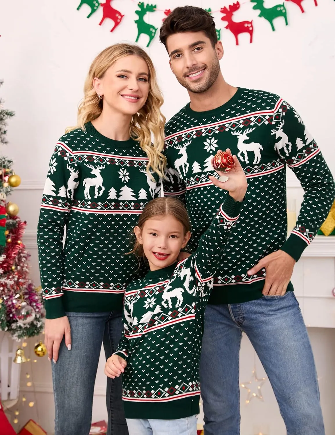 MISSKY Family Christmas Sweater Crew Neck Reindeer Snowflakes Knitted Pullover for Women/Men/Kids