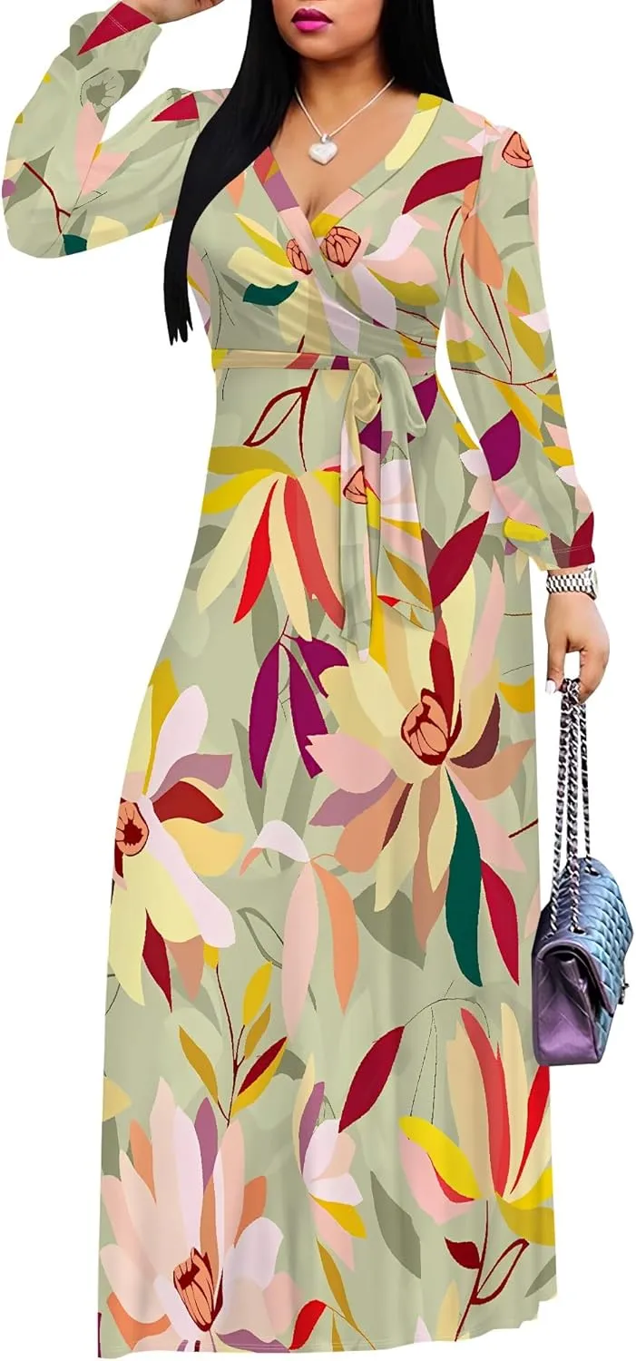 Plus Size Dresses for Women Floral Print Maxi Dress Flowy 3/4 Sleeve with Belt