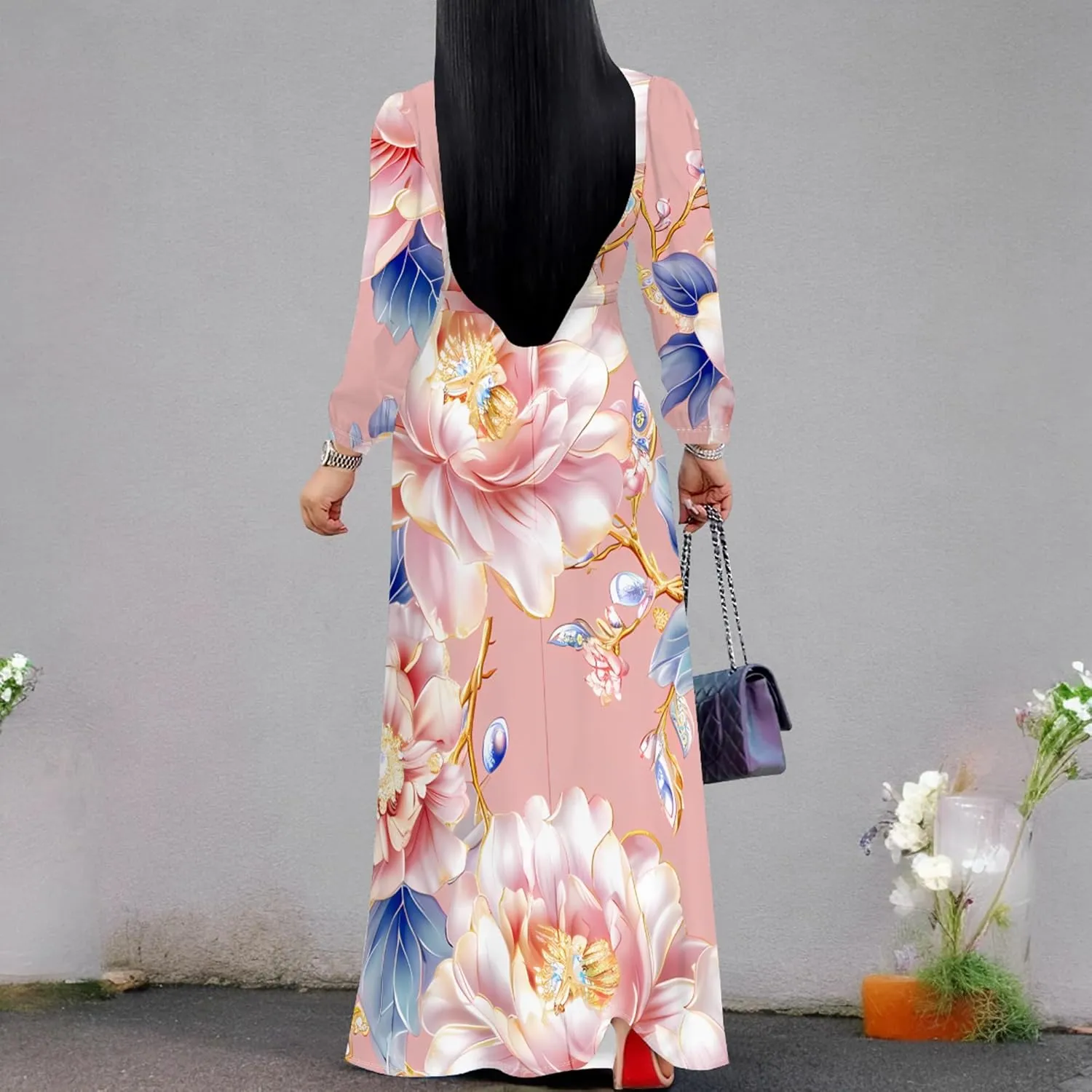 Plus Size Dresses for Women Floral Print Maxi Dress Flowy 3/4 Sleeve with Belt