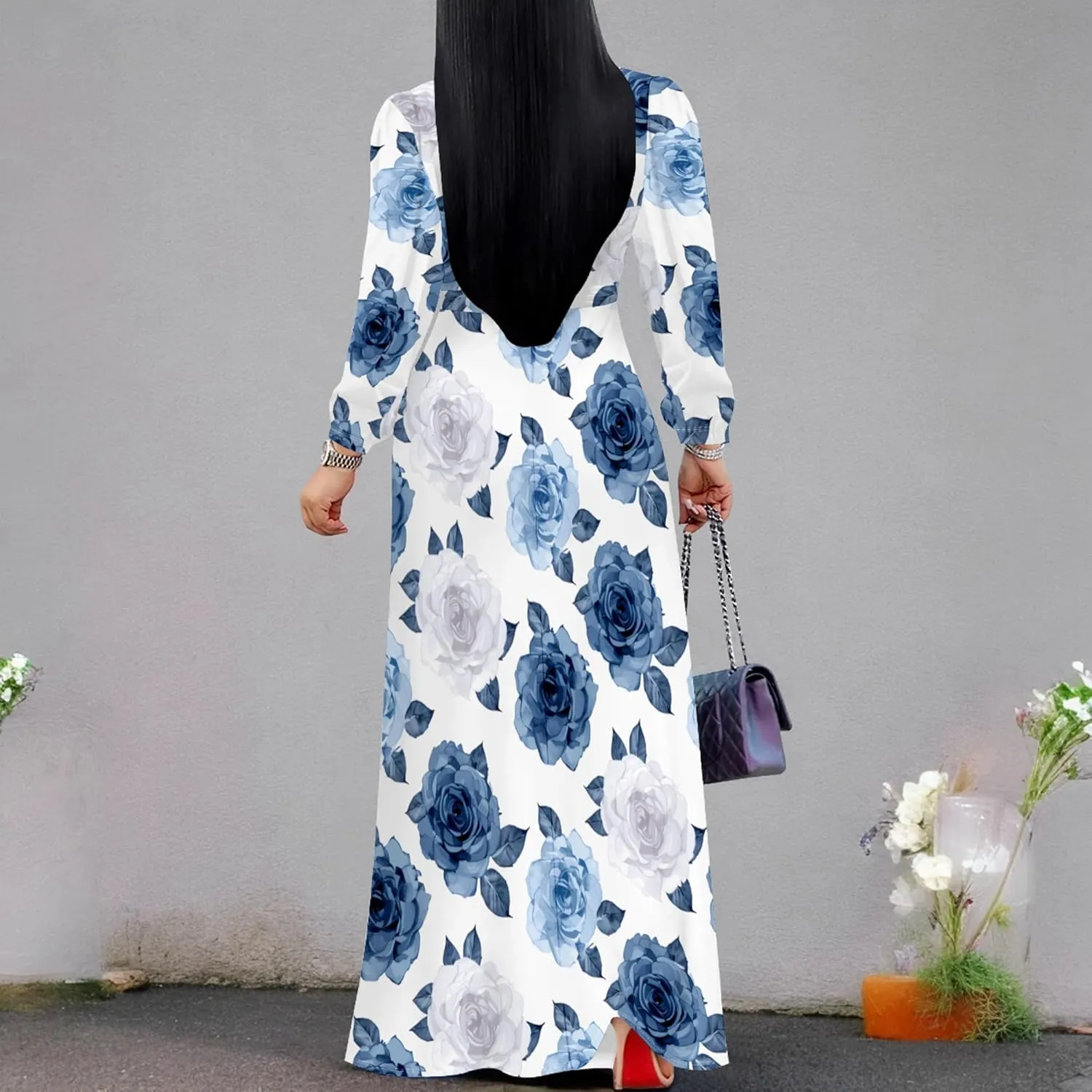 Plus Size Dresses for Women Floral Print Maxi Dress Flowy 3/4 Sleeve with Belt