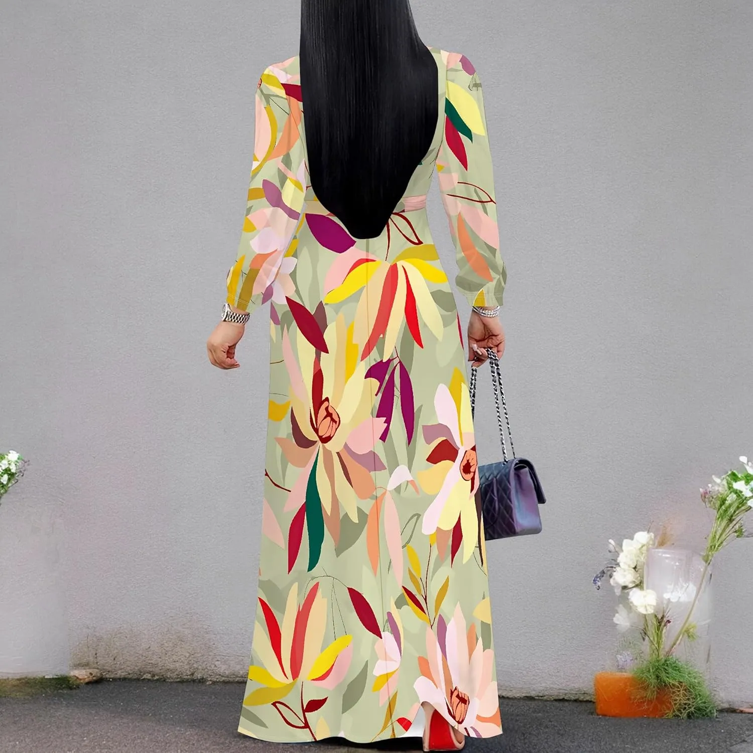 Plus Size Dresses for Women Floral Print Maxi Dress Flowy 3/4 Sleeve with Belt