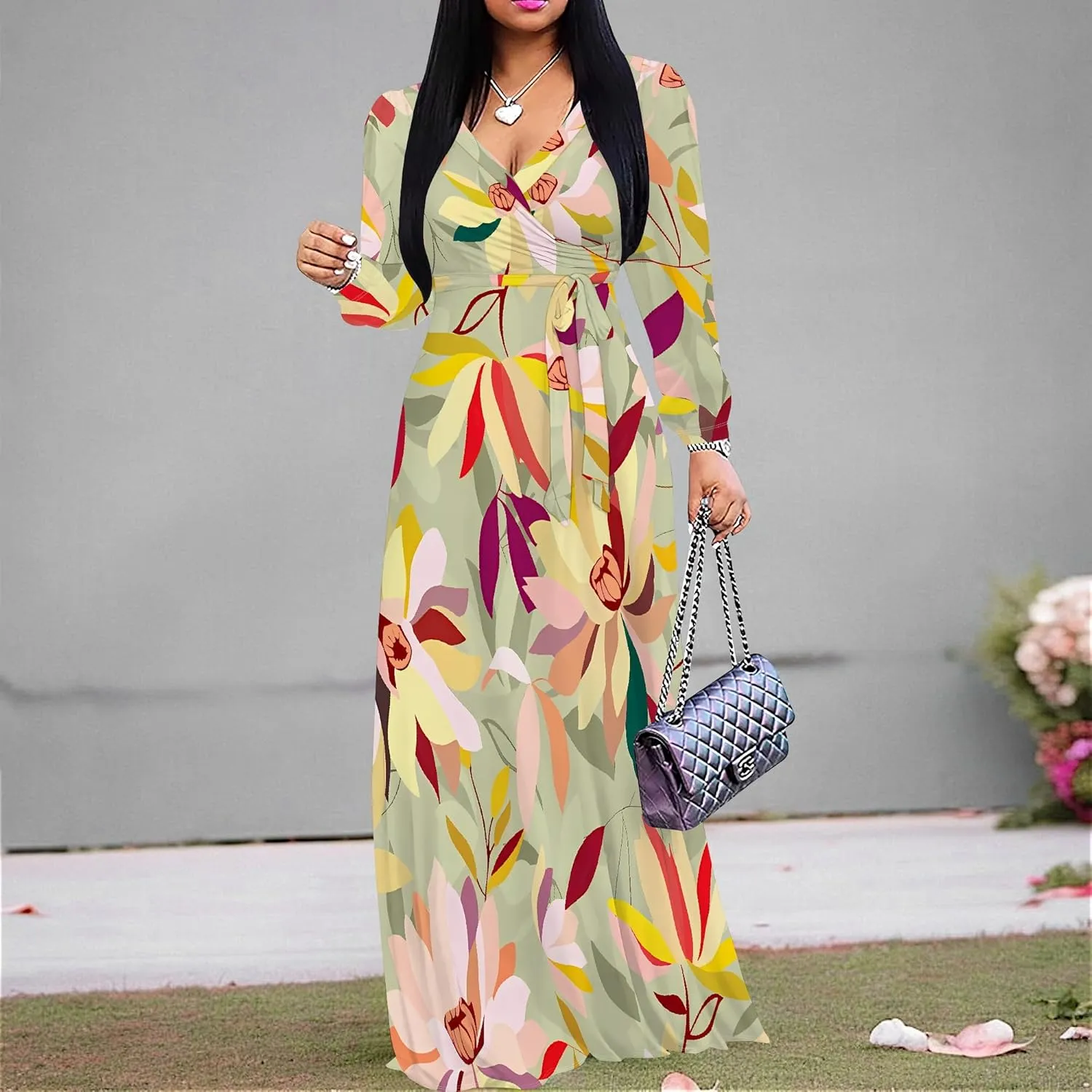 Plus Size Dresses for Women Floral Print Maxi Dress Flowy 3/4 Sleeve with Belt
