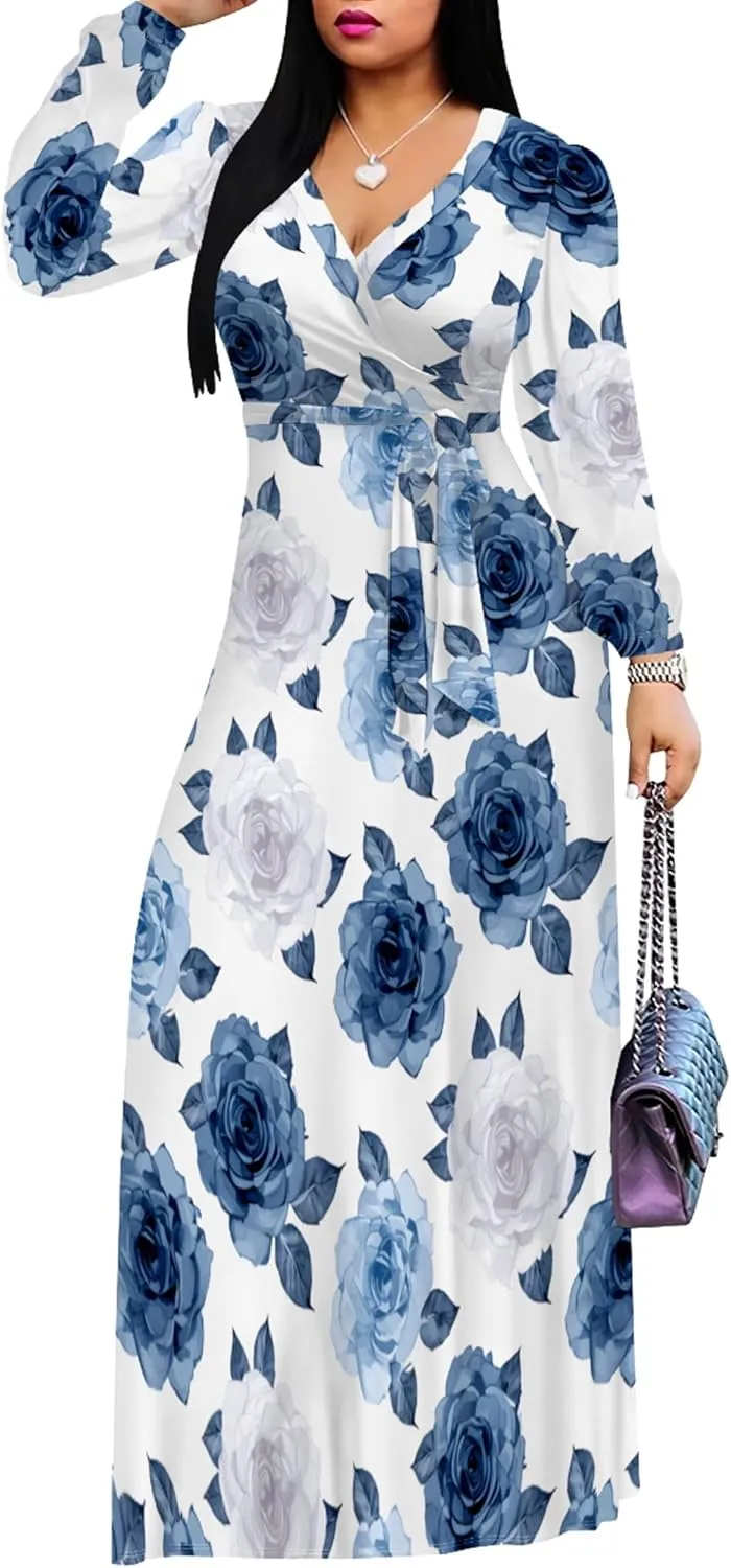 Plus Size Dresses for Women Floral Print Maxi Dress Flowy 3/4 Sleeve with Belt