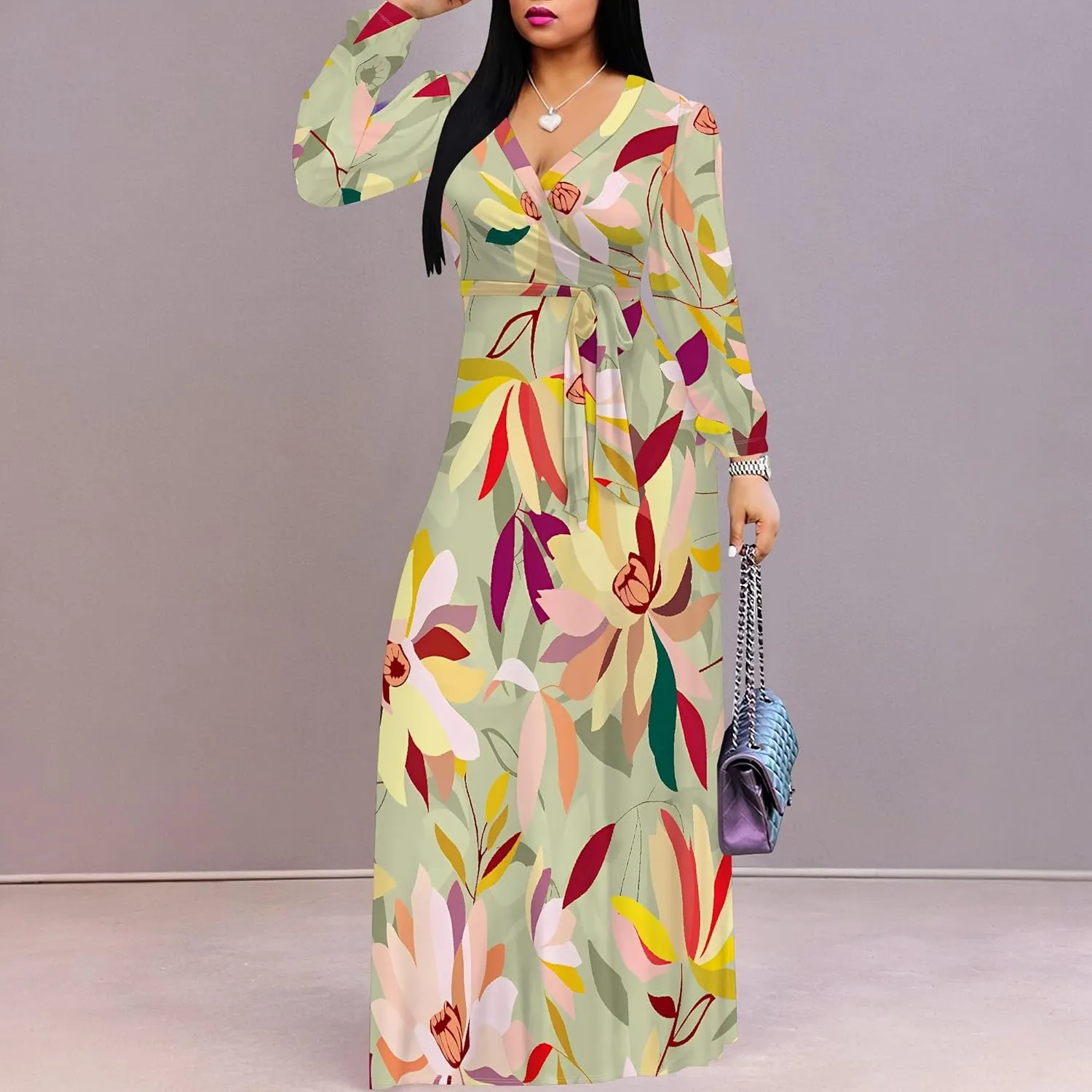 Plus Size Dresses for Women Floral Print Maxi Dress Flowy 3/4 Sleeve with Belt