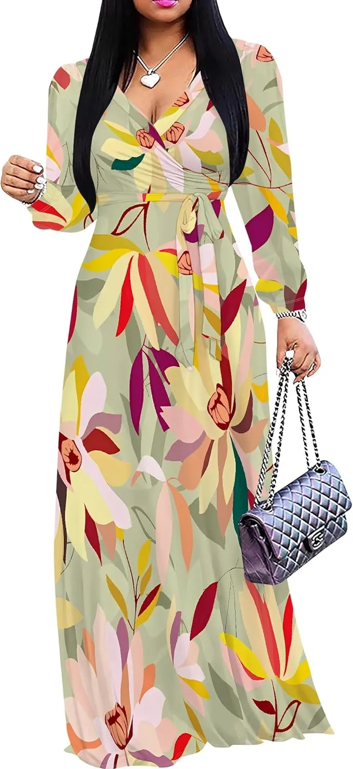 Plus Size Dresses for Women Floral Print Maxi Dress Flowy 3/4 Sleeve with Belt