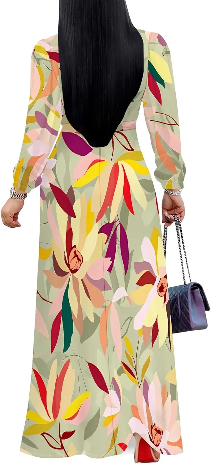 Plus Size Dresses for Women Floral Print Maxi Dress Flowy 3/4 Sleeve with Belt