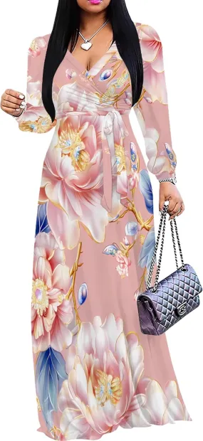 Plus Size Dresses for Women Floral Print Maxi Dress Flowy 3/4 Sleeve with Belt