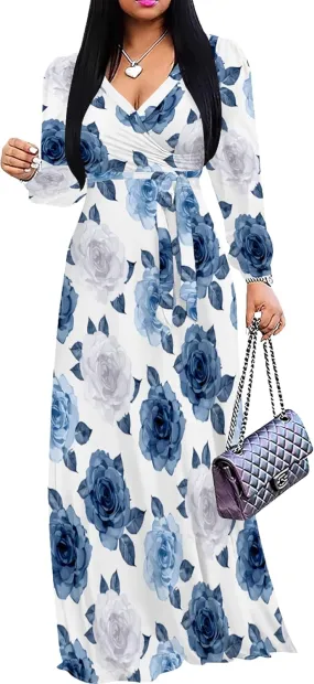 Plus Size Dresses for Women Floral Print Maxi Dress Flowy 3/4 Sleeve with Belt