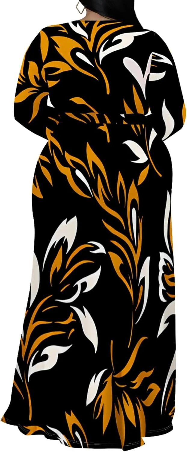 Plus Size Dresses for Women Floral Print Maxi Dress Slit Flowy 3/4 Sleeve with Belt