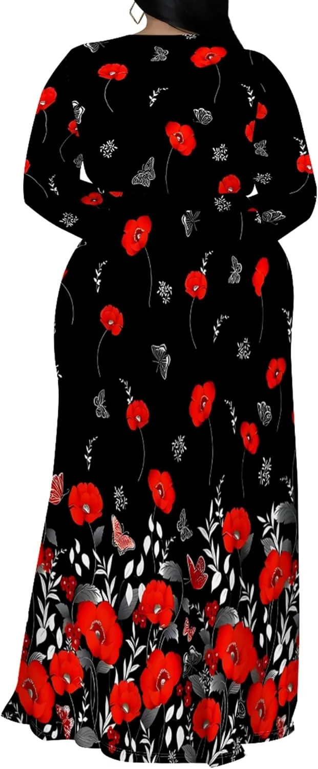 Plus Size Dresses for Women Floral Print Maxi Dress Slit Flowy 3/4 Sleeve with Belt
