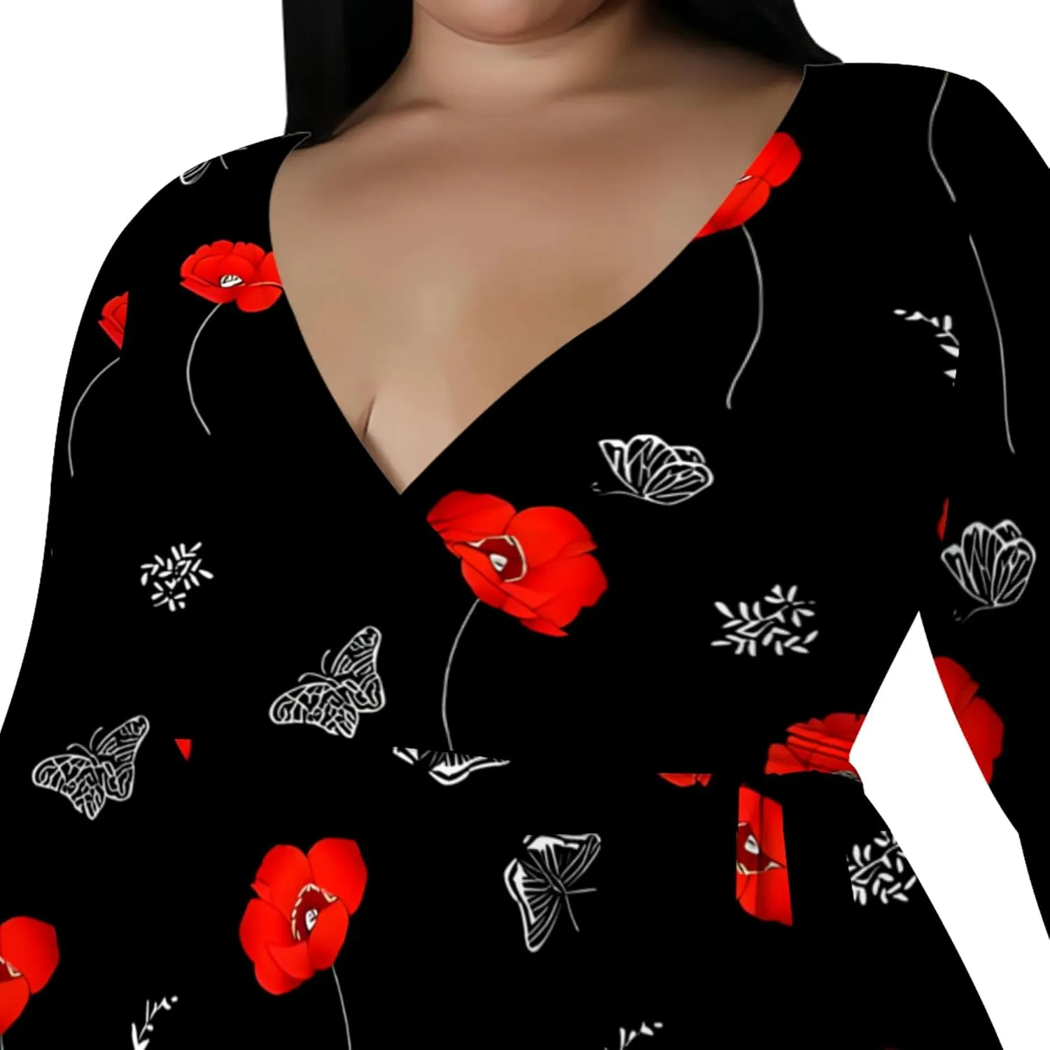 Plus Size Dresses for Women Floral Print Maxi Dress Slit Flowy 3/4 Sleeve with Belt