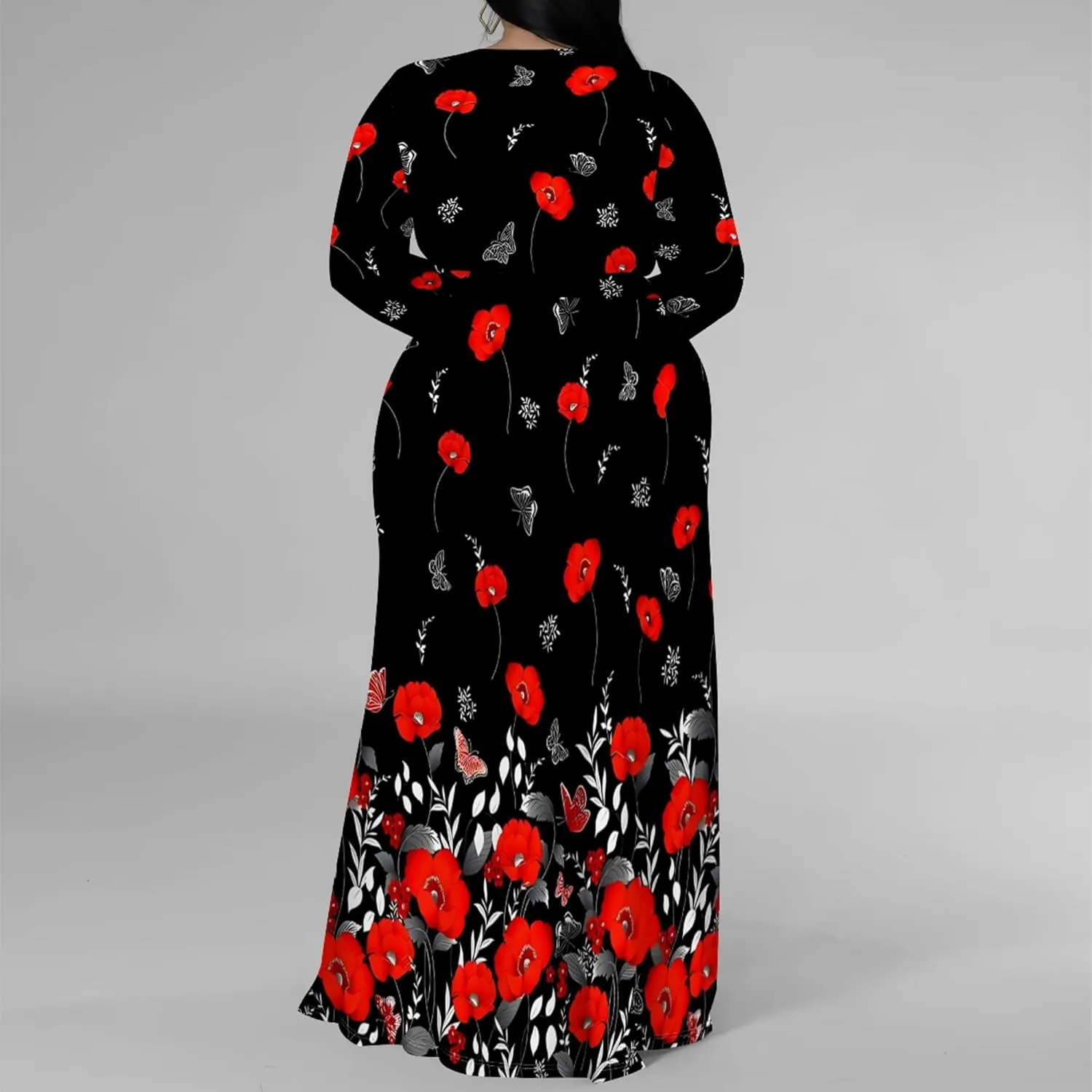 Plus Size Dresses for Women Floral Print Maxi Dress Slit Flowy 3/4 Sleeve with Belt