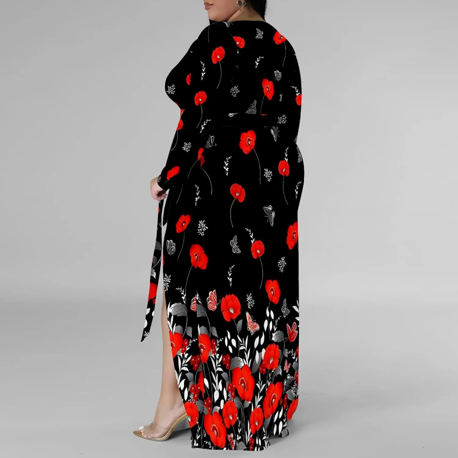 Plus Size Dresses for Women Floral Print Maxi Dress Slit Flowy 3/4 Sleeve with Belt