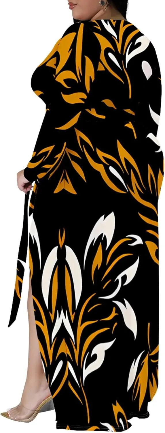 Plus Size Dresses for Women Floral Print Maxi Dress Slit Flowy 3/4 Sleeve with Belt