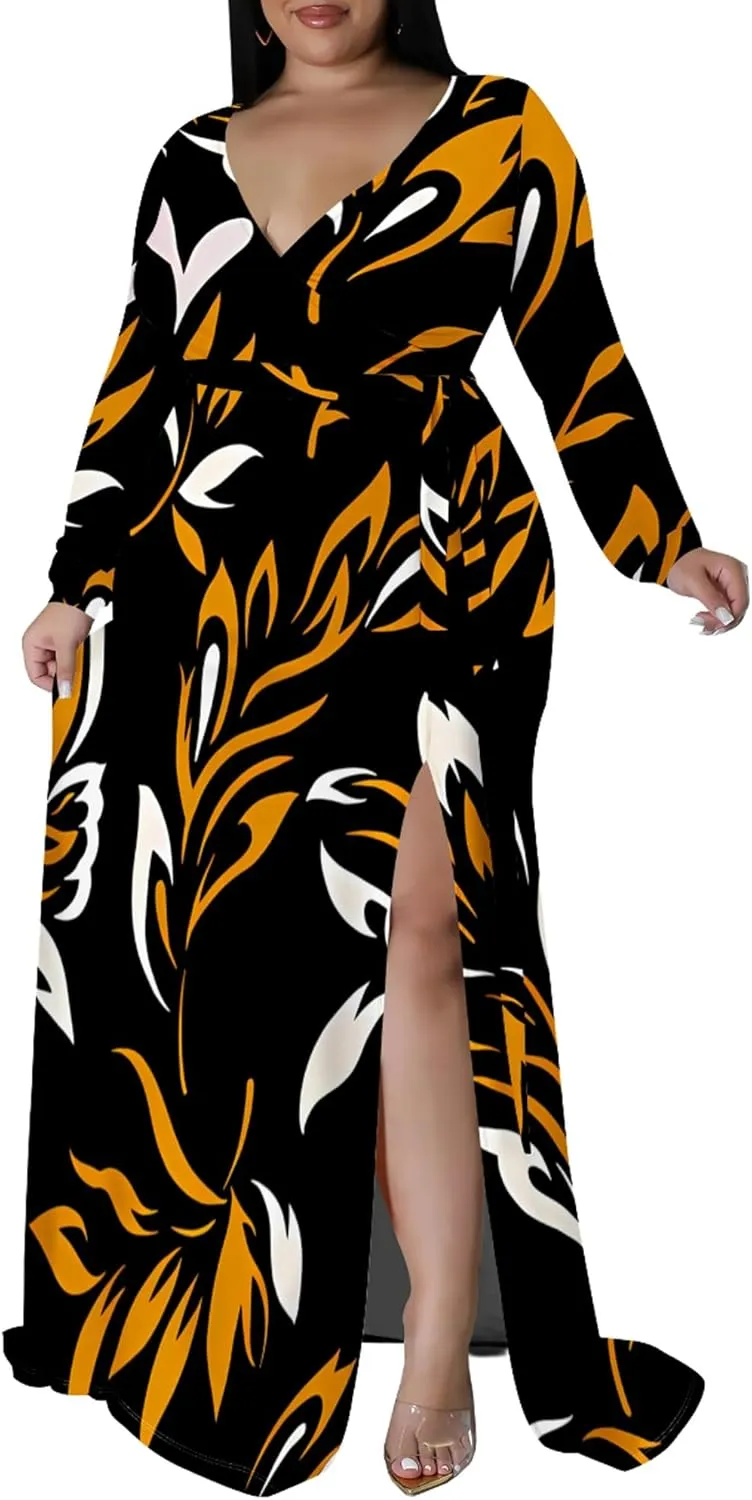 Plus Size Dresses for Women Floral Print Maxi Dress Slit Flowy 3/4 Sleeve with Belt