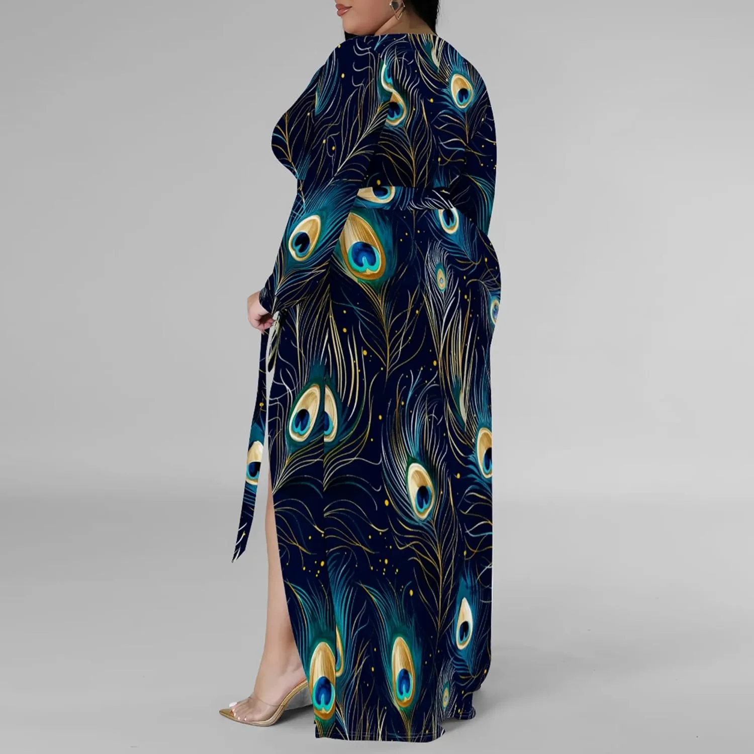 Plus Size Dresses for Women Floral Print Maxi Dress Slit Flowy 3/4 Sleeve with Belt