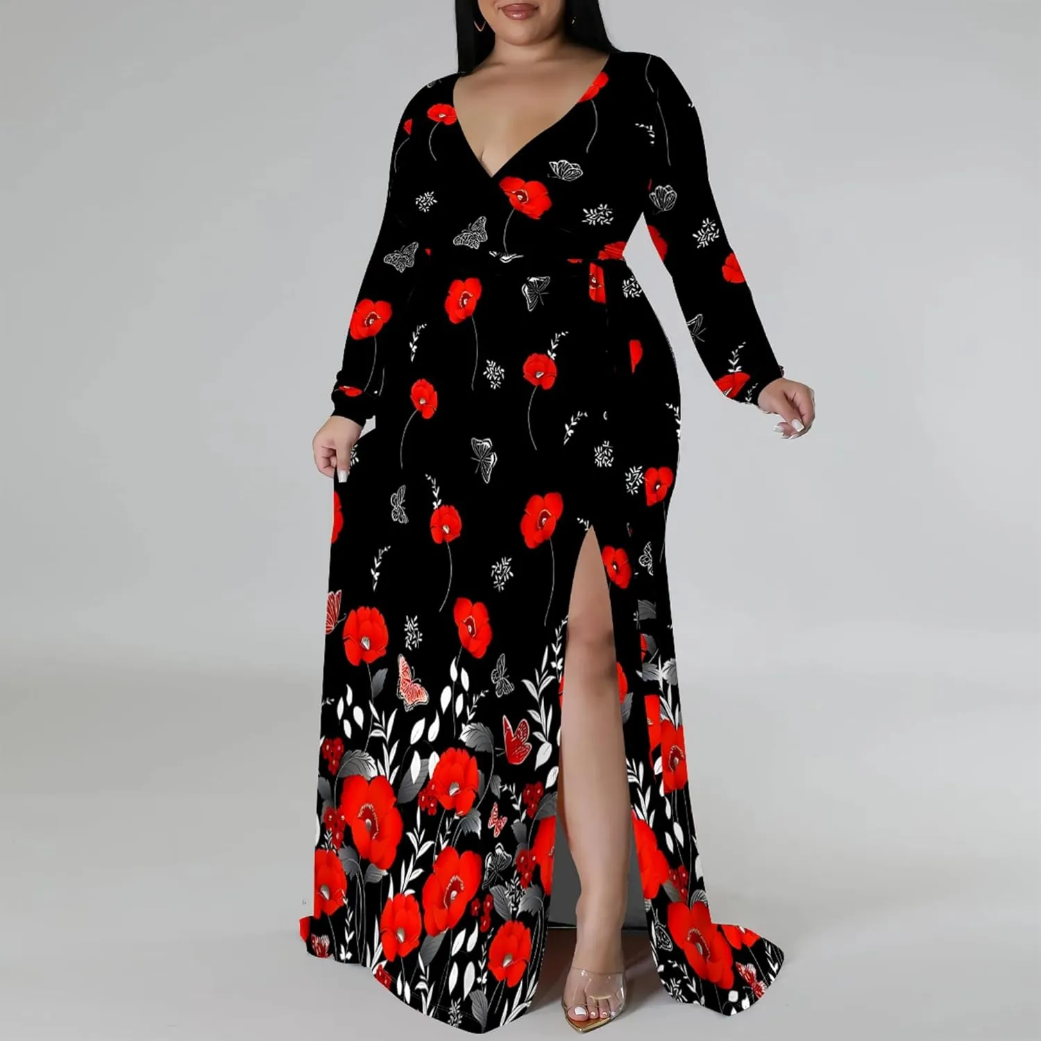 Plus Size Dresses for Women Floral Print Maxi Dress Slit Flowy 3/4 Sleeve with Belt