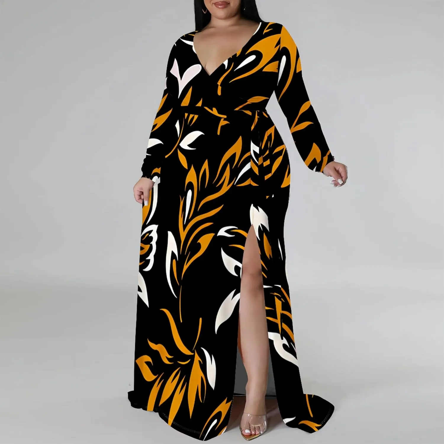 Plus Size Dresses for Women Floral Print Maxi Dress Slit Flowy 3/4 Sleeve with Belt