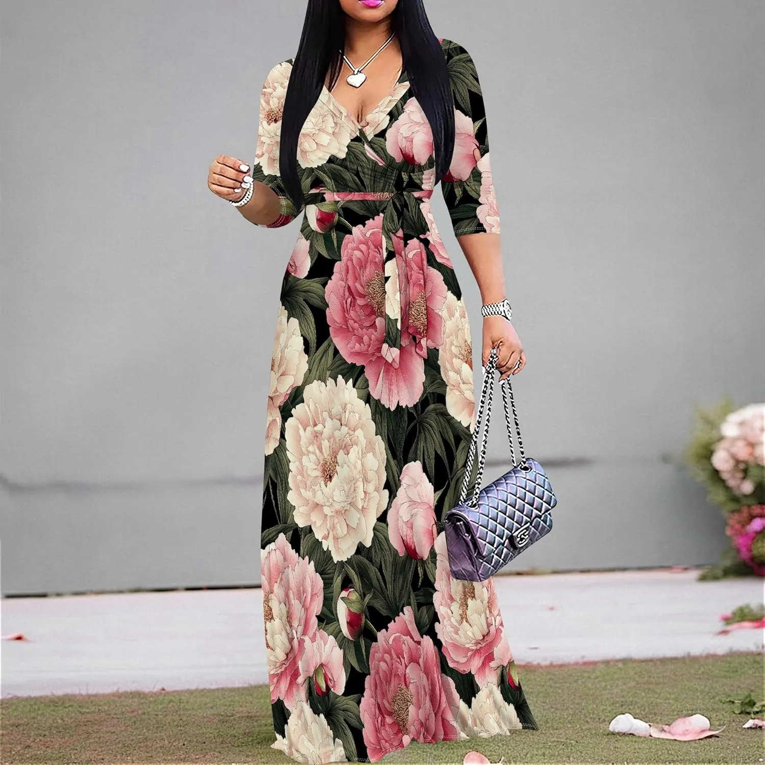 Plus Size Dresses for Women Floral Print Maxi Dress Wrap Boho 3/4 Sleeve with Belt Wedding