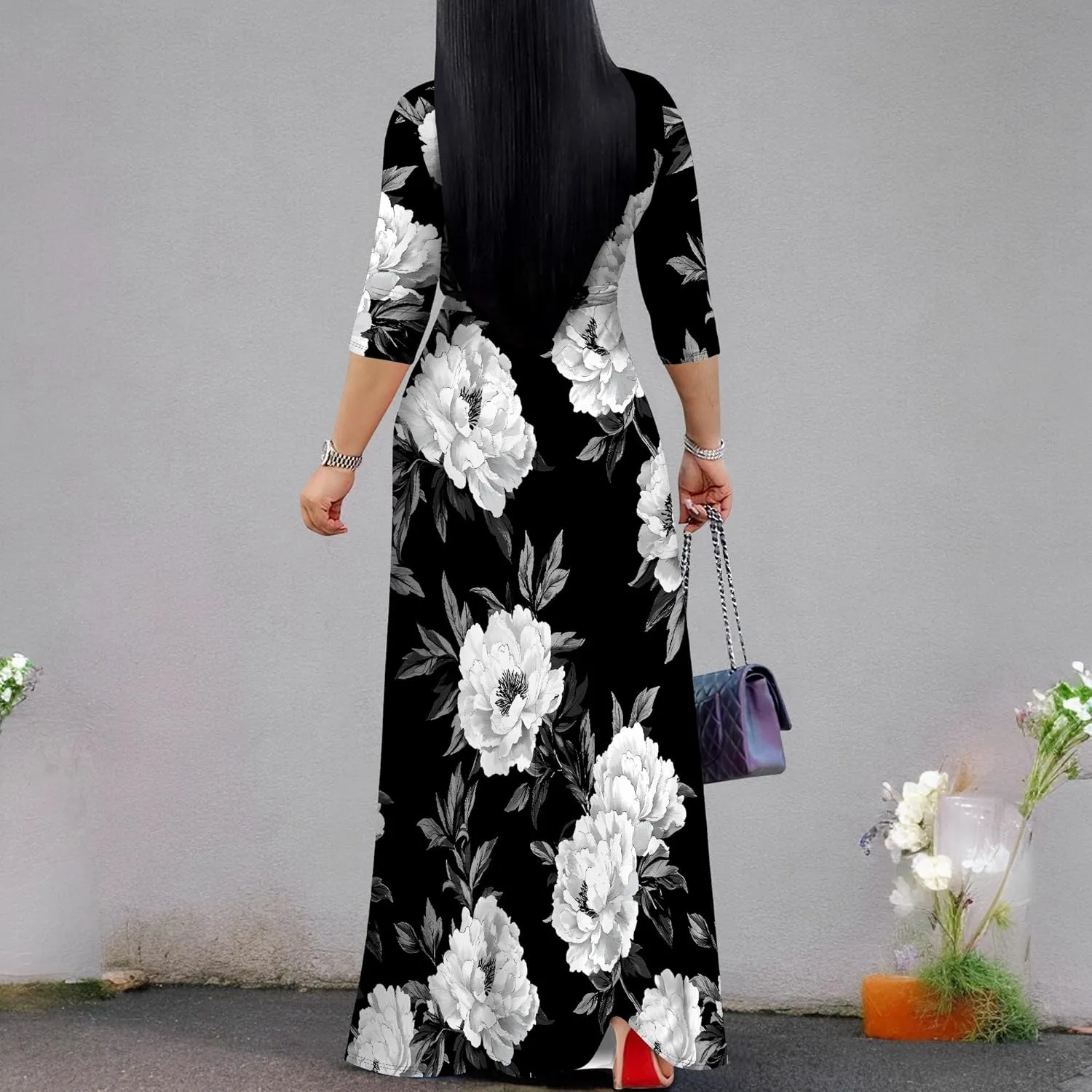 Plus Size Dresses for Women Floral Print Maxi Dress Wrap Boho 3/4 Sleeve with Belt Wedding