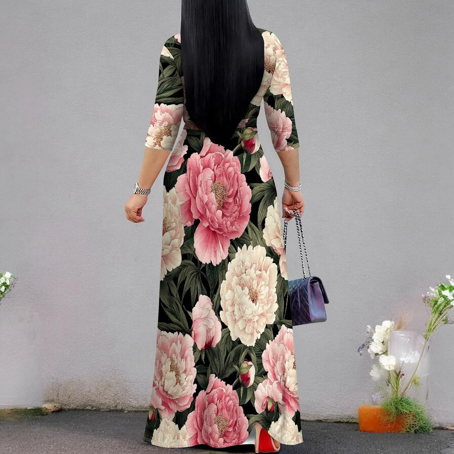 Plus Size Dresses for Women Floral Print Maxi Dress Wrap Boho 3/4 Sleeve with Belt Wedding
