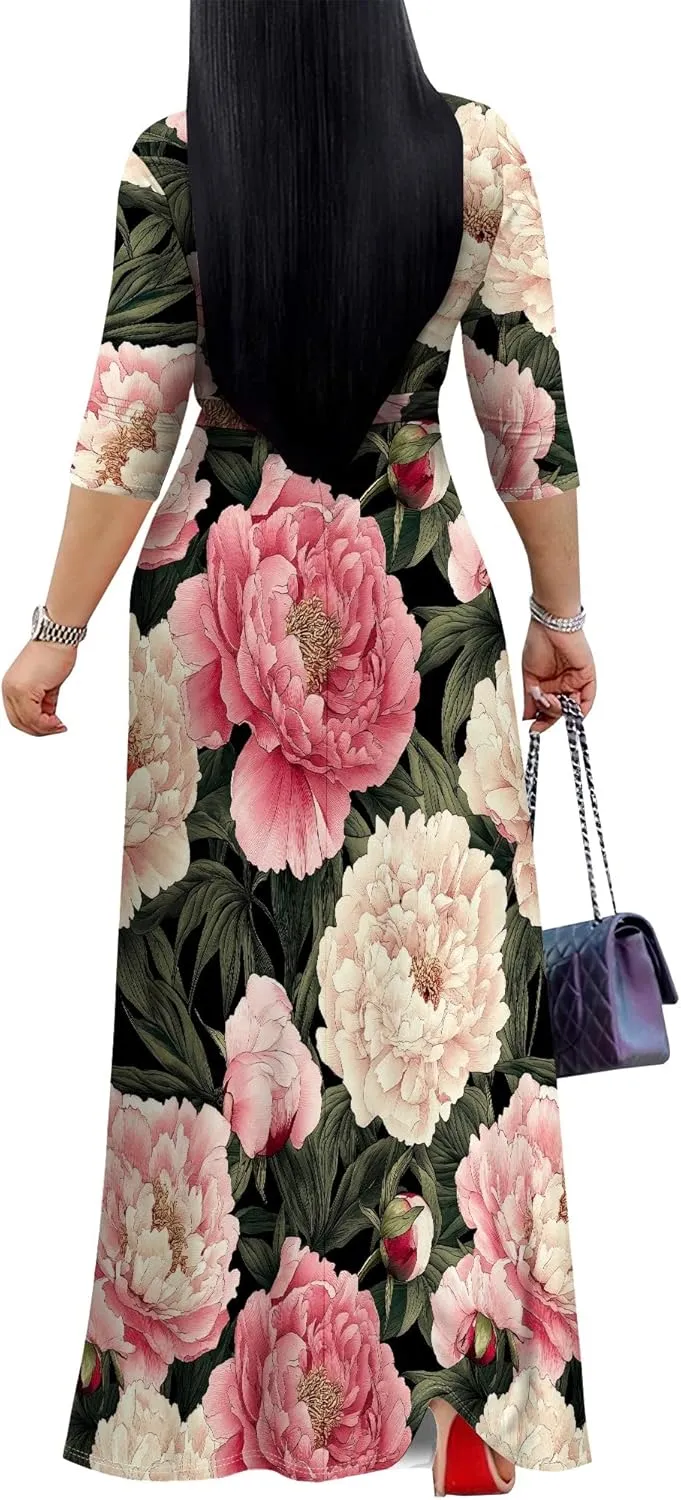 Plus Size Dresses for Women Floral Print Maxi Dress Wrap Boho 3/4 Sleeve with Belt Wedding