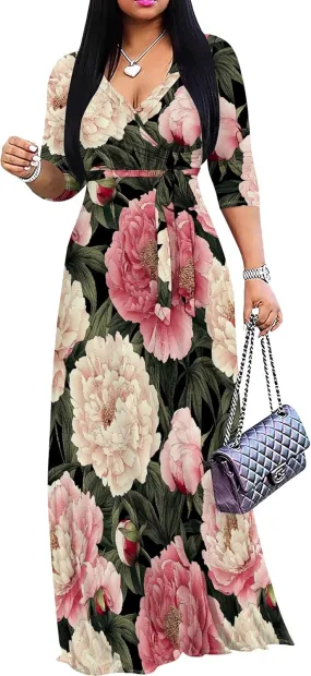 Plus Size Dresses for Women Floral Print Maxi Dress Wrap Boho 3/4 Sleeve with Belt Wedding