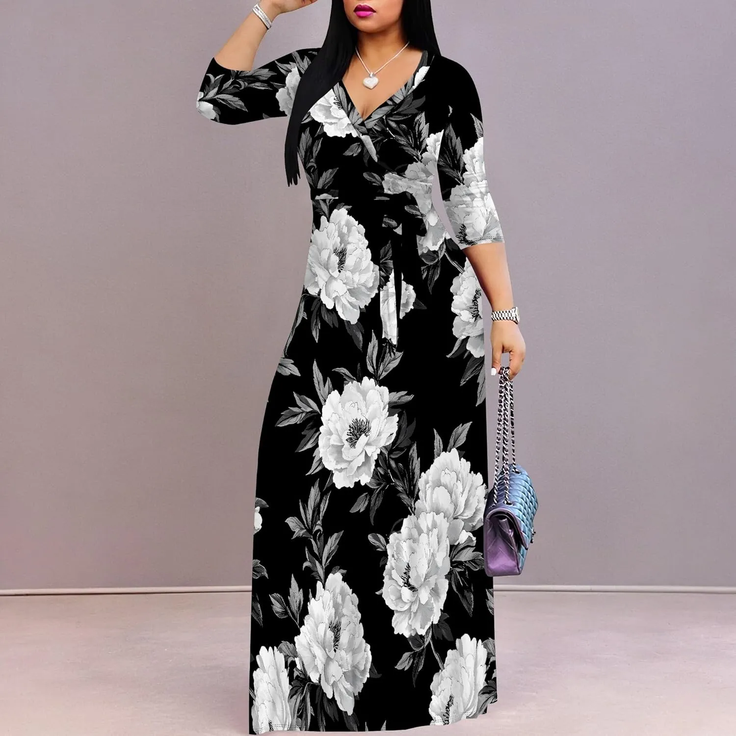 Plus Size Dresses for Women Floral Print Maxi Dress Wrap Boho 3/4 Sleeve with Belt Wedding