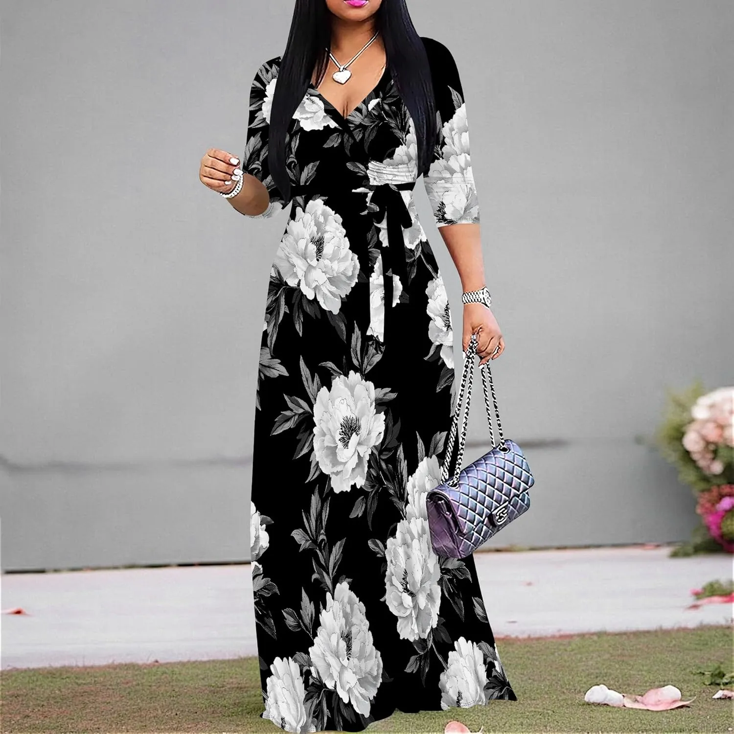 Plus Size Dresses for Women Floral Print Maxi Dress Wrap Boho 3/4 Sleeve with Belt Wedding