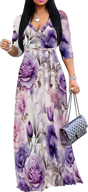 Plus Size Dresses for Women Floral Print Maxi Dress Wrap Boho 3/4 Sleeve with Belt Wedding