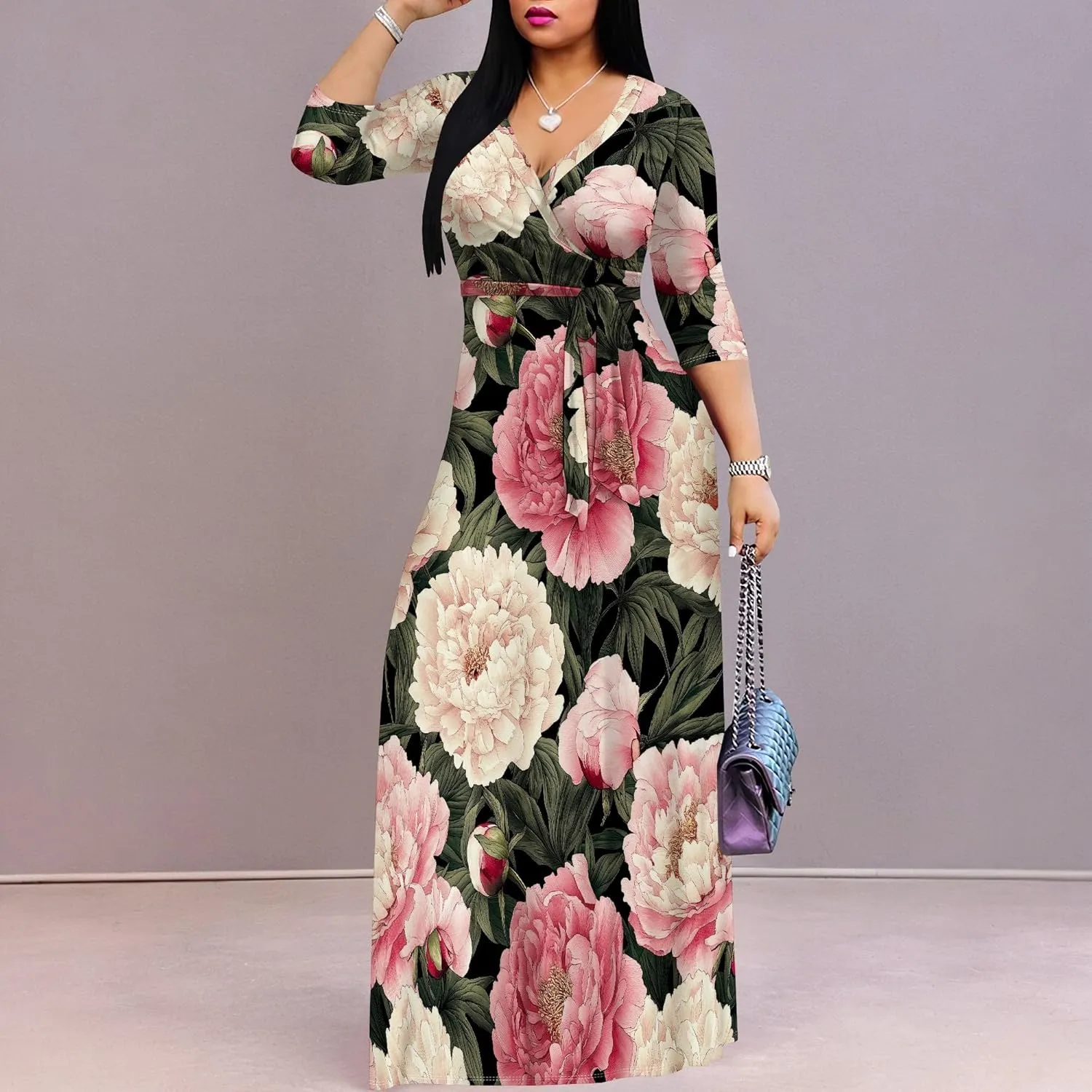 Plus Size Dresses for Women Floral Print Maxi Dress Wrap Boho 3/4 Sleeve with Belt Wedding