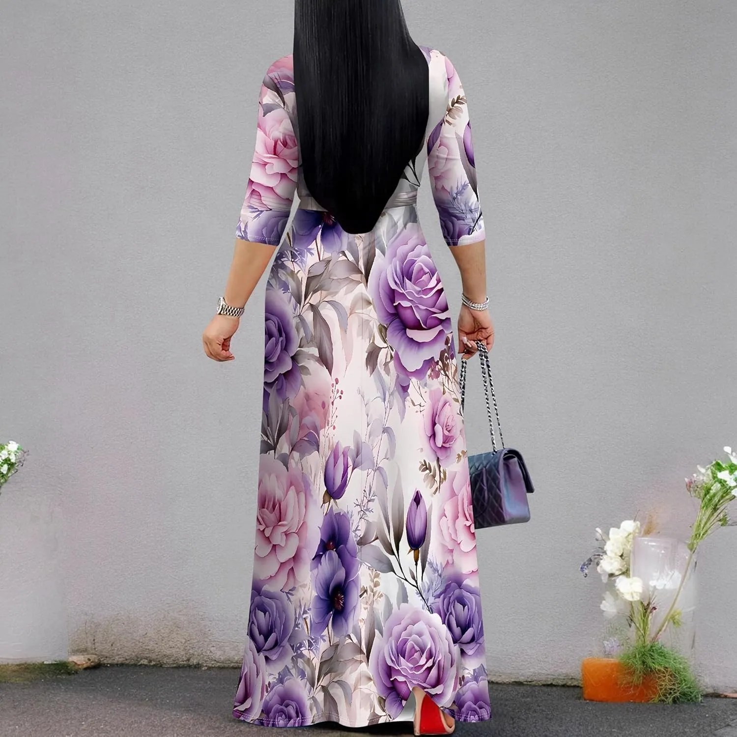 Plus Size Dresses for Women Floral Print Maxi Dress Wrap Boho 3/4 Sleeve with Belt Wedding