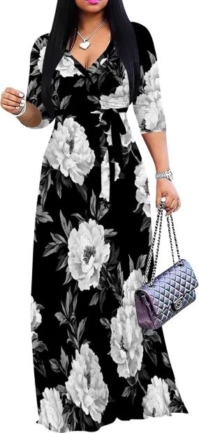 Plus Size Dresses for Women Floral Print Maxi Dress Wrap Boho 3/4 Sleeve with Belt Wedding
