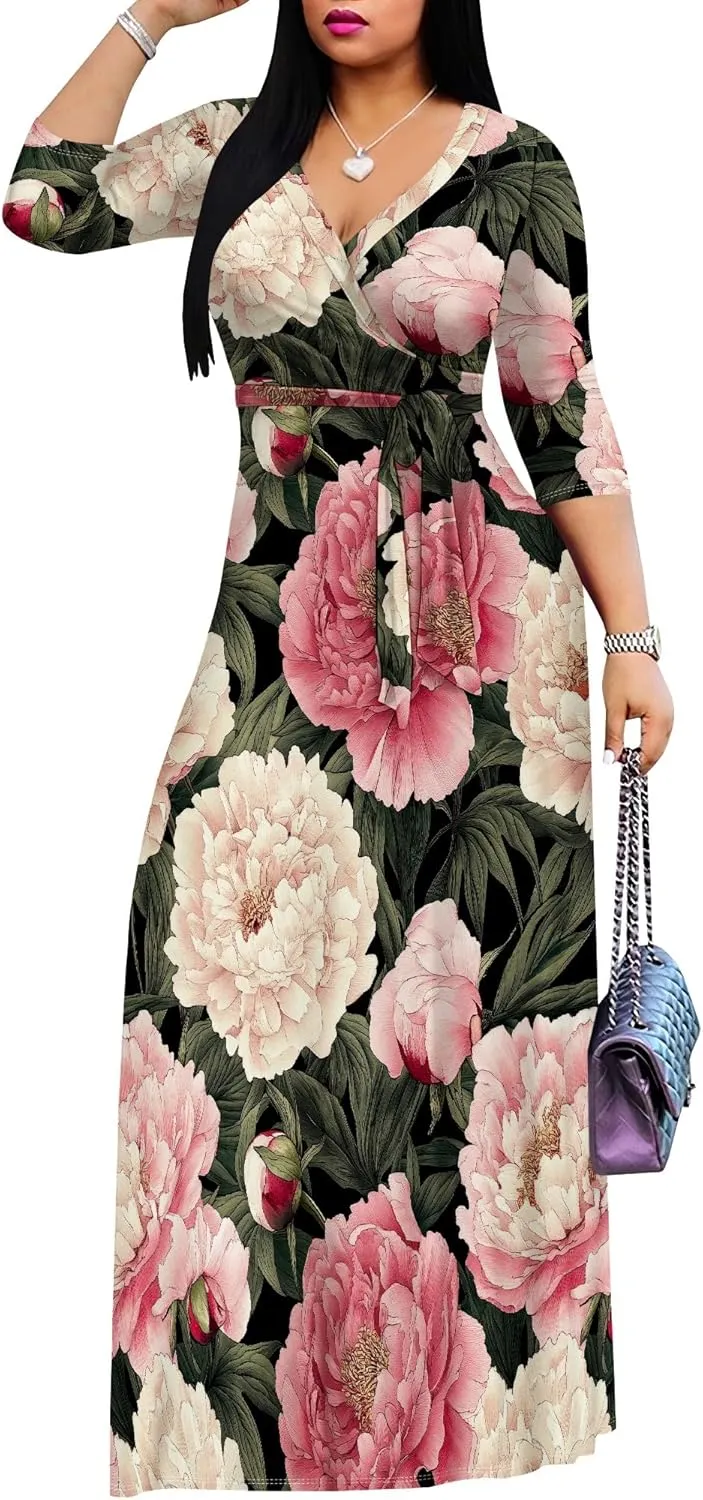 Plus Size Dresses for Women Floral Print Maxi Dress Wrap Boho 3/4 Sleeve with Belt Wedding