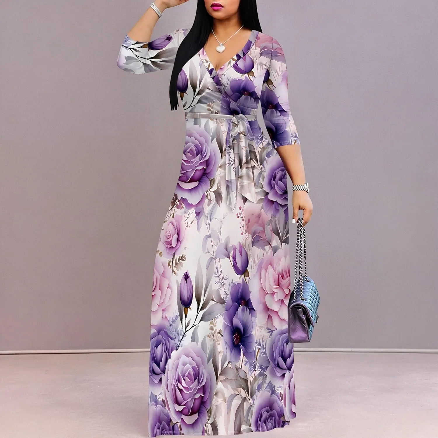 Plus Size Dresses for Women Floral Print Maxi Dress Wrap Boho 3/4 Sleeve with Belt Wedding