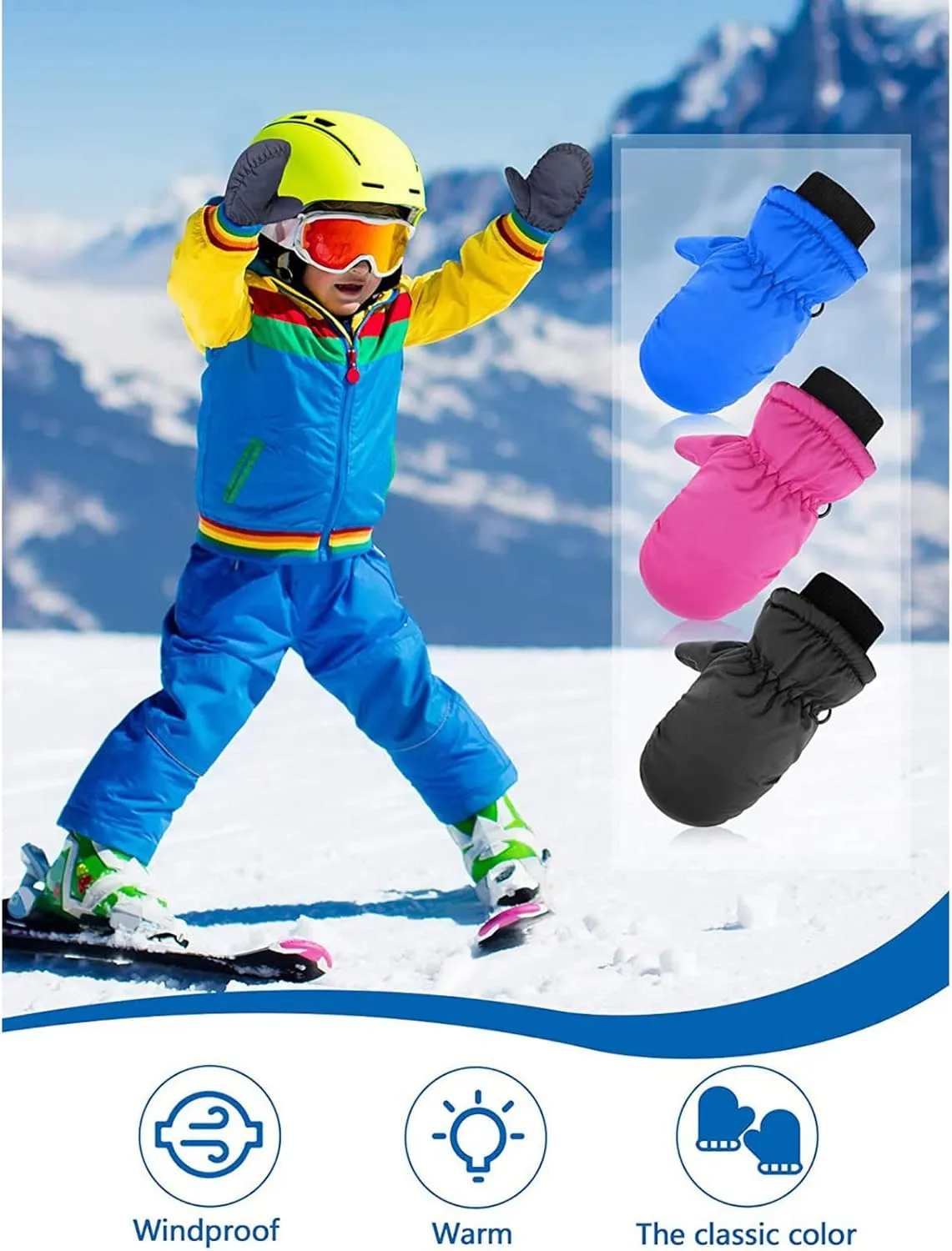POLG Kids Thicken Snow Mittens Boys Girls Waterproof Ski Mitten Winter Warm Gloves for Toddler Baby Cold Weather