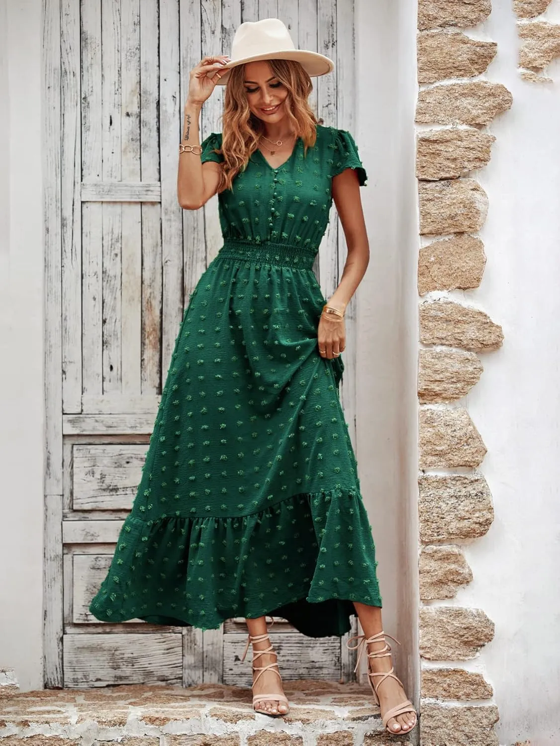 PRETTYGARDEN Womens Dresses 2025 Summer Maxi Dress Boho Short Sleeve V Neck Swiss Dot Ruffle Tiered Smocked Flowy Long Dress
