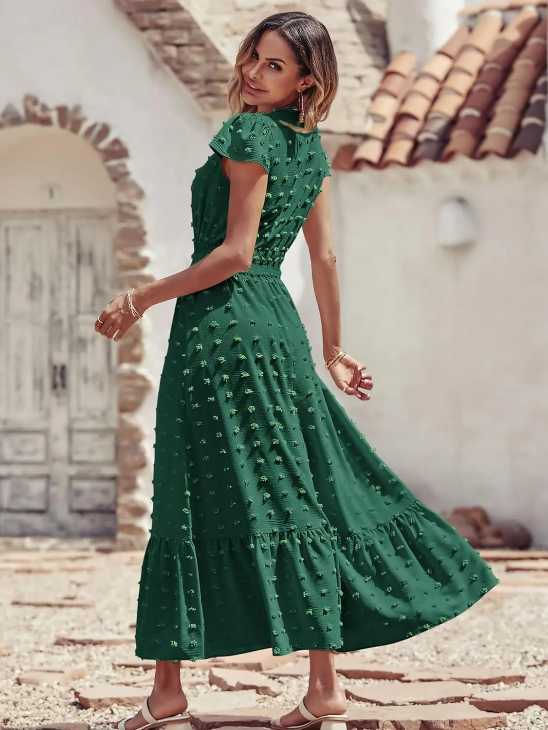 PRETTYGARDEN Womens Dresses 2025 Summer Maxi Dress Boho Short Sleeve V Neck Swiss Dot Ruffle Tiered Smocked Flowy Long Dress