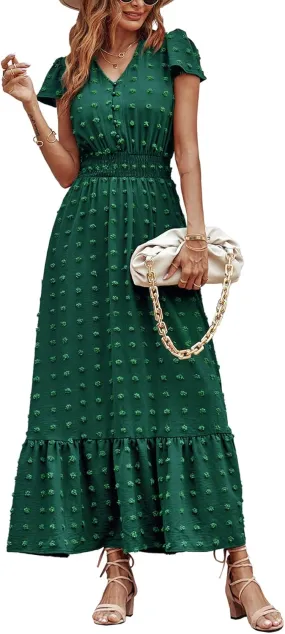 PRETTYGARDEN Womens Dresses 2025 Summer Maxi Dress Boho Short Sleeve V Neck Swiss Dot Ruffle Tiered Smocked Flowy Long Dress